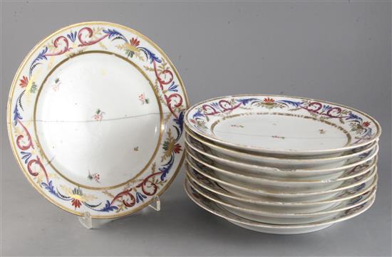 A set of nine 19th century Paris porcelain plates, width 9.25in.